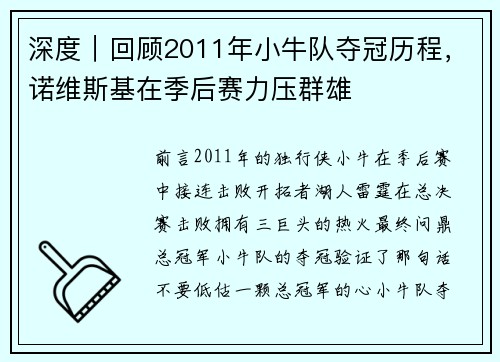 深度｜回顾2011年小牛队夺冠历程，诺维斯基在季后赛力压群雄