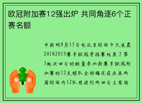欧冠附加赛12强出炉 共同角逐6个正赛名额
