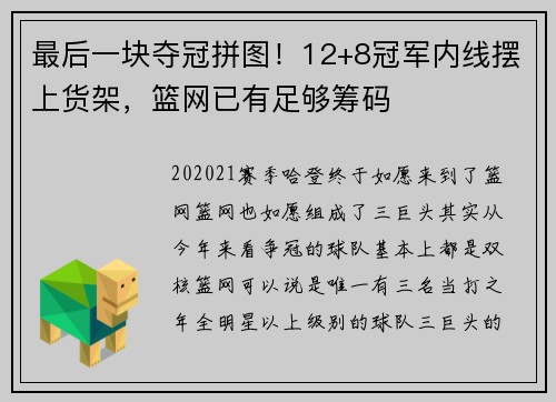 最后一块夺冠拼图！12+8冠军内线摆上货架，篮网已有足够筹码